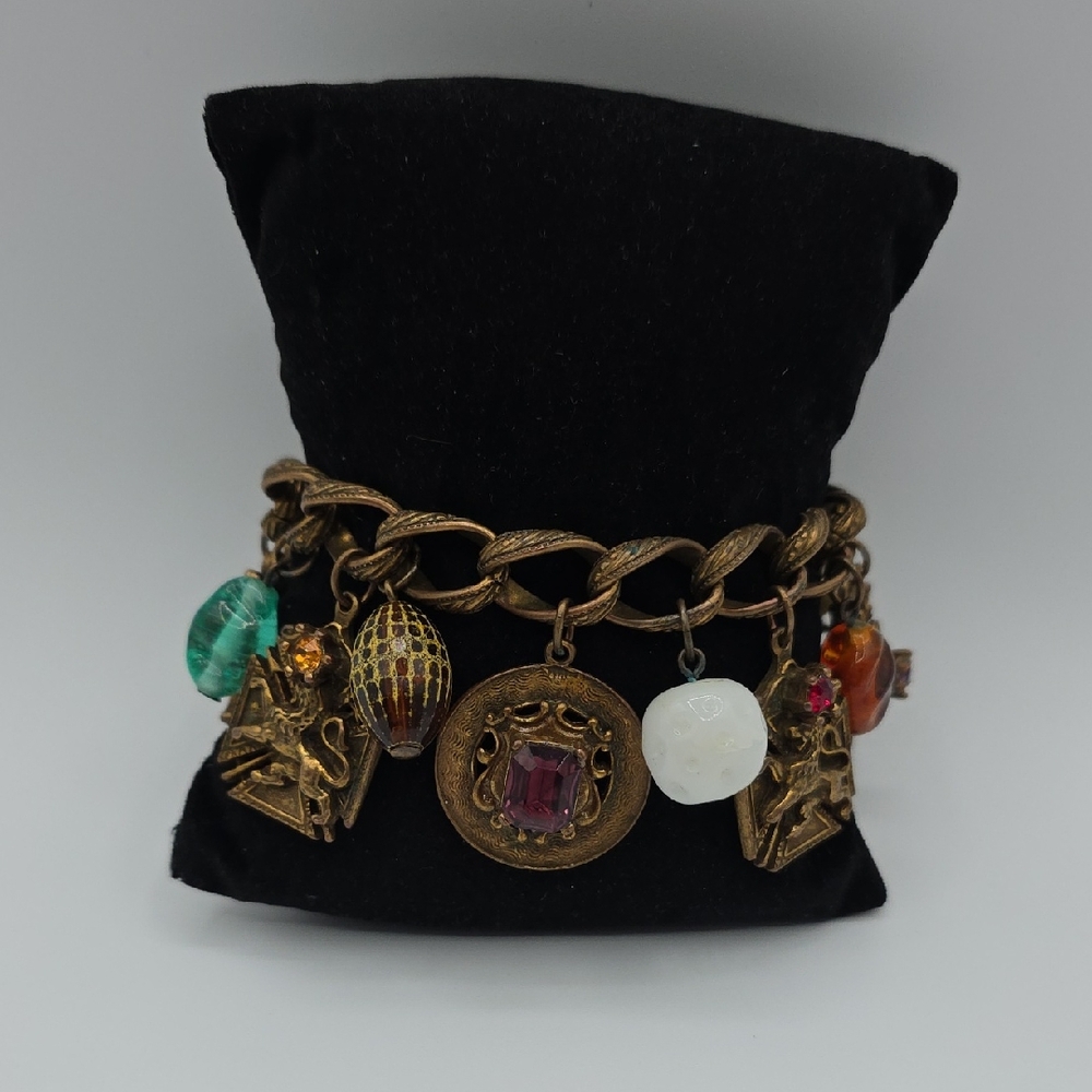 Vintage 50's Rhine Tag Brass Charm Bracelet with European Symbols Glass Beads